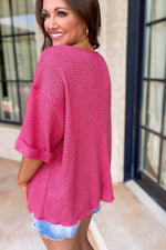 Load image into Gallery viewer, Strawberry Pink Textured Knit Split Neck Cuffed Short Sleeve Top - Fashion Queen -  11

