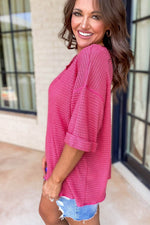 Load image into Gallery viewer, Strawberry Pink Textured Knit Split Neck Cuffed Short Sleeve Top - Fashion Queen -  12
