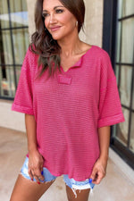 Load image into Gallery viewer, Strawberry Pink Textured Knit Split Neck Cuffed Short Sleeve Top - Fashion Queen -  14
