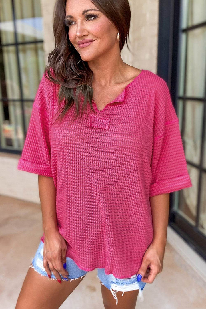 Strawberry Pink Textured Knit Split Neck Cuffed Short Sleeve Top - Fashion Queen -  14
