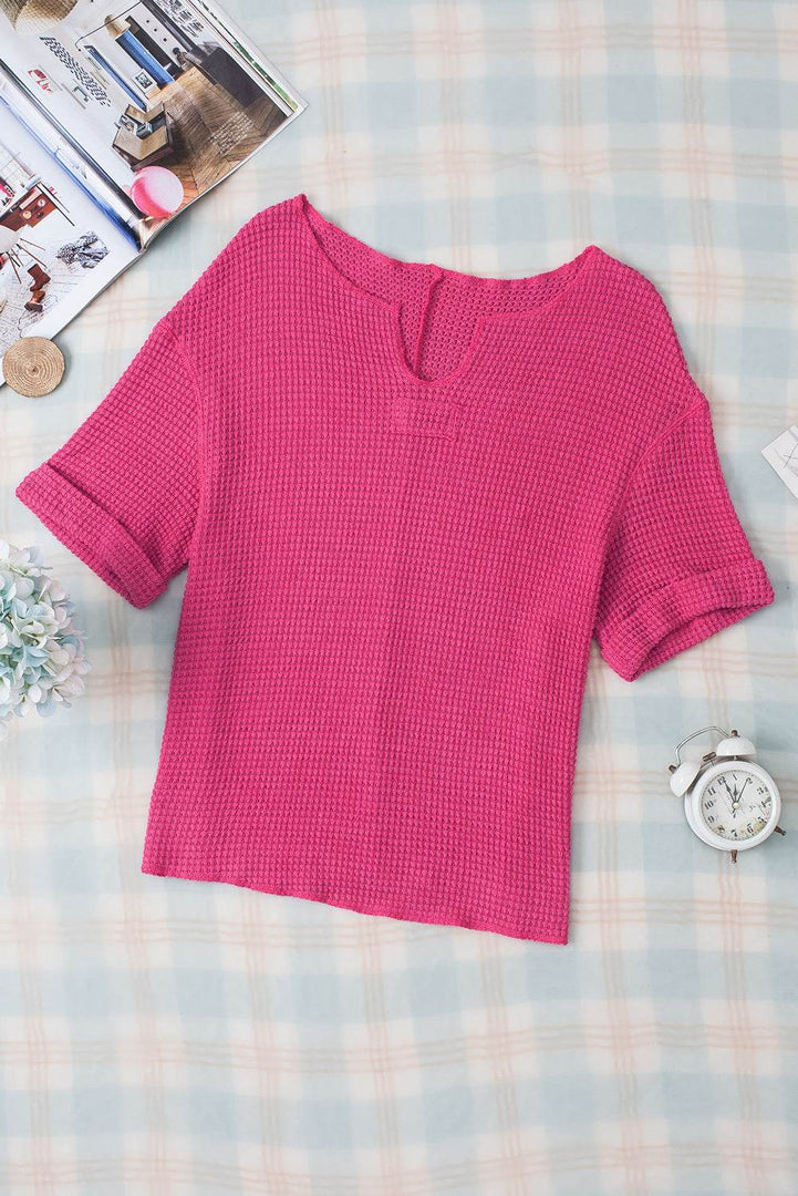 Strawberry Pink Textured Knit Split Neck Cuffed Short Sleeve Top - Fashion Queen -  15