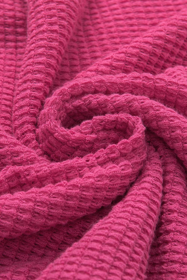 Strawberry Pink Textured Knit Split Neck Cuffed Short Sleeve Top - Fashion Queen -  16