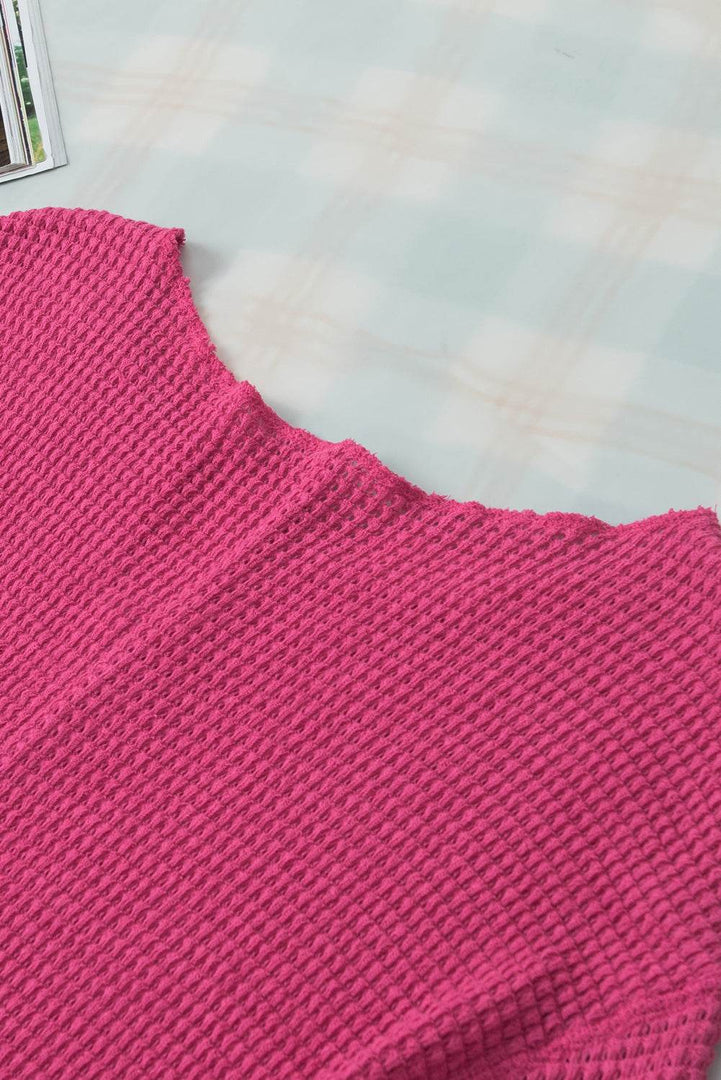 Strawberry Pink Textured Knit Split Neck Cuffed Short Sleeve Top - Fashion Queen -  17