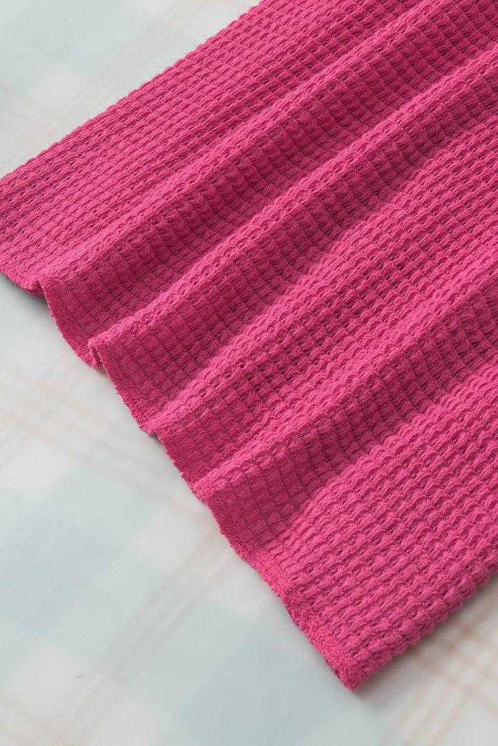 Strawberry Pink Textured Knit Split Neck Cuffed Short Sleeve Top - Fashion Queen -  18