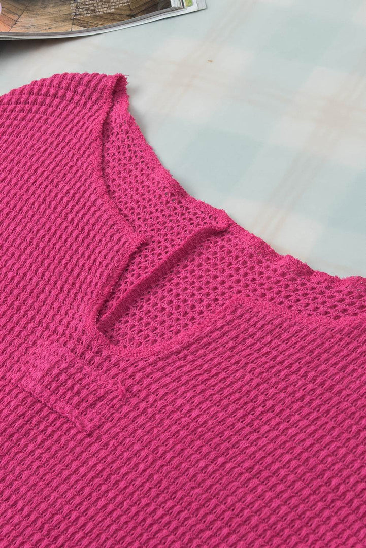 Strawberry Pink Textured Knit Split Neck Cuffed Short Sleeve Top - Fashion Queen -  20