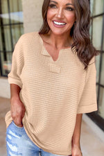 Load image into Gallery viewer, Strawberry Pink Textured Knit Split Neck Cuffed Short Sleeve Top - Fashion Queen -  21
