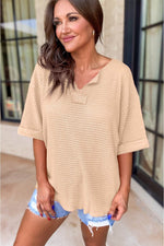 Load image into Gallery viewer, Strawberry Pink Textured Knit Split Neck Cuffed Short Sleeve Top - Fashion Queen -  23
