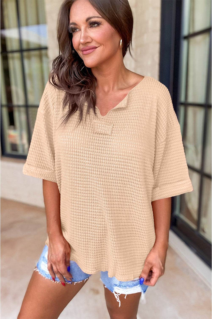 Strawberry Pink Textured Knit Split Neck Cuffed Short Sleeve Top - Fashion Queen -  23