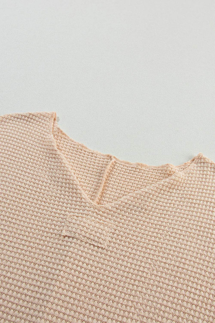 Strawberry Pink Textured Knit Split Neck Cuffed Short Sleeve Top - Fashion Queen -  25