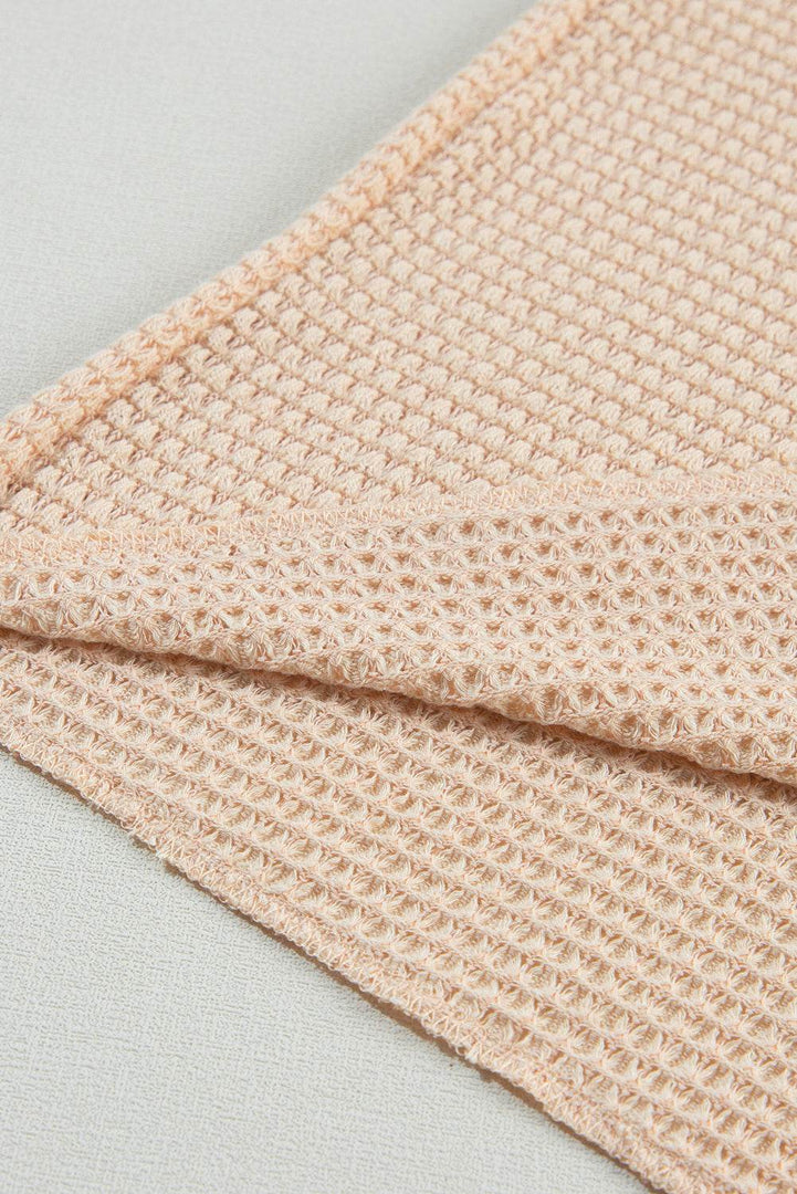 Strawberry Pink Textured Knit Split Neck Cuffed Short Sleeve Top - Fashion Queen -  27