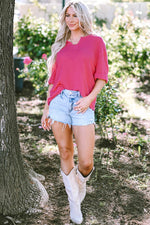 Load image into Gallery viewer, Strawberry Pink Textured Knit Split Neck Cuffed Short Sleeve Top - Fashion Queen -  3
