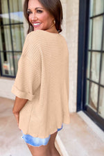 Load image into Gallery viewer, Strawberry Pink Textured Knit Split Neck Cuffed Short Sleeve Top - Fashion Queen -  5
