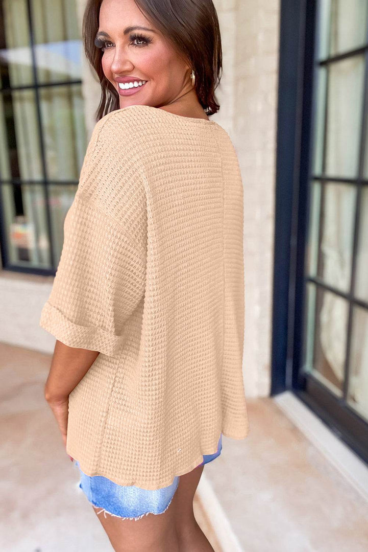 Strawberry Pink Textured Knit Split Neck Cuffed Short Sleeve Top - Fashion Queen -  5