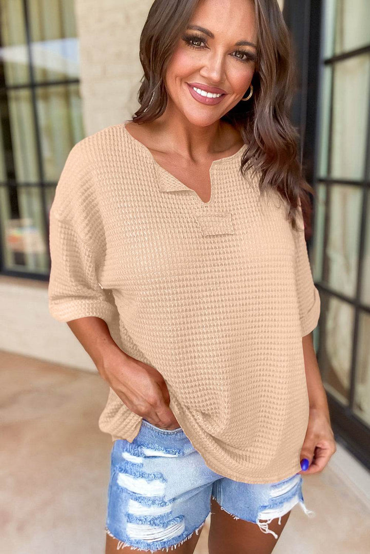 Strawberry Pink Textured Knit Split Neck Cuffed Short Sleeve Top - Fashion Queen -  6