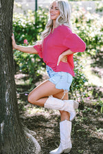 Load image into Gallery viewer, Strawberry Pink Textured Knit Split Neck Cuffed Short Sleeve Top - Fashion Queen -  7

