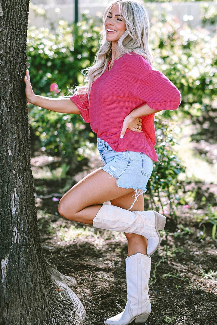 Strawberry Pink Textured Knit Split Neck Cuffed Short Sleeve Top - Fashion Queen -  7