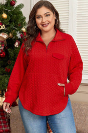 Tomato Red Cable Textured Quarter Zip Pocketed Plus Size Pullover - Fashion Queen -  1