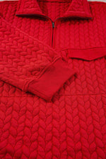 Load image into Gallery viewer, Tomato Red Cable Textured Quarter Zip Pocketed Plus Size Pullover - Fashion Queen -  10
