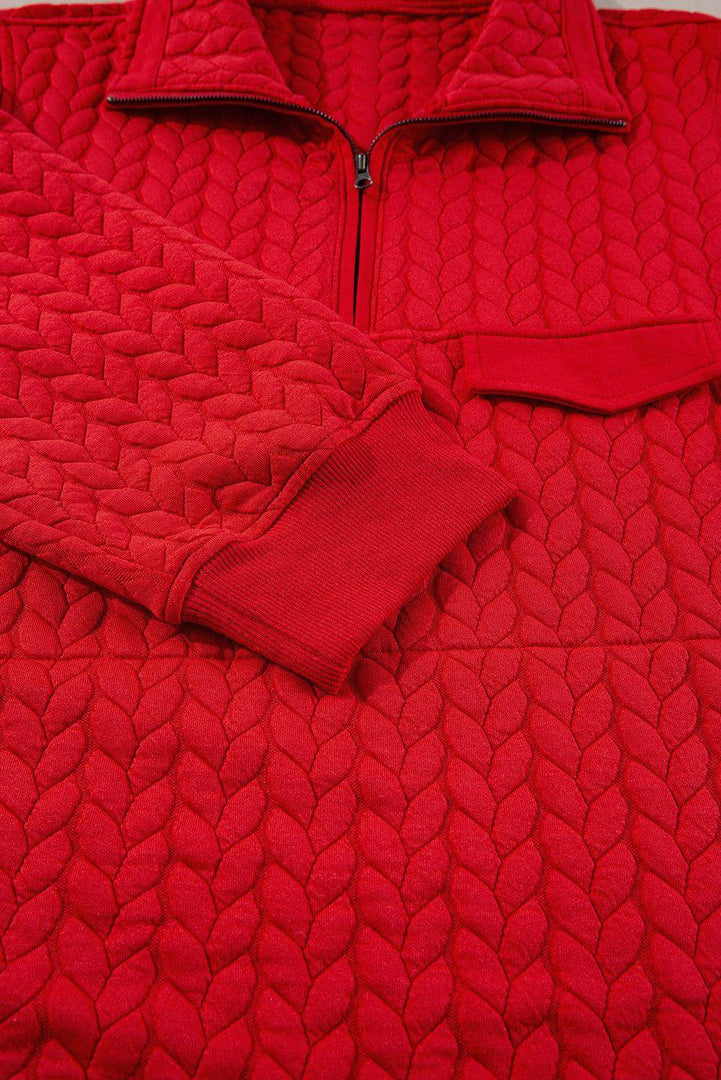 Tomato Red Cable Textured Quarter Zip Pocketed Plus Size Pullover - Fashion Queen -  10