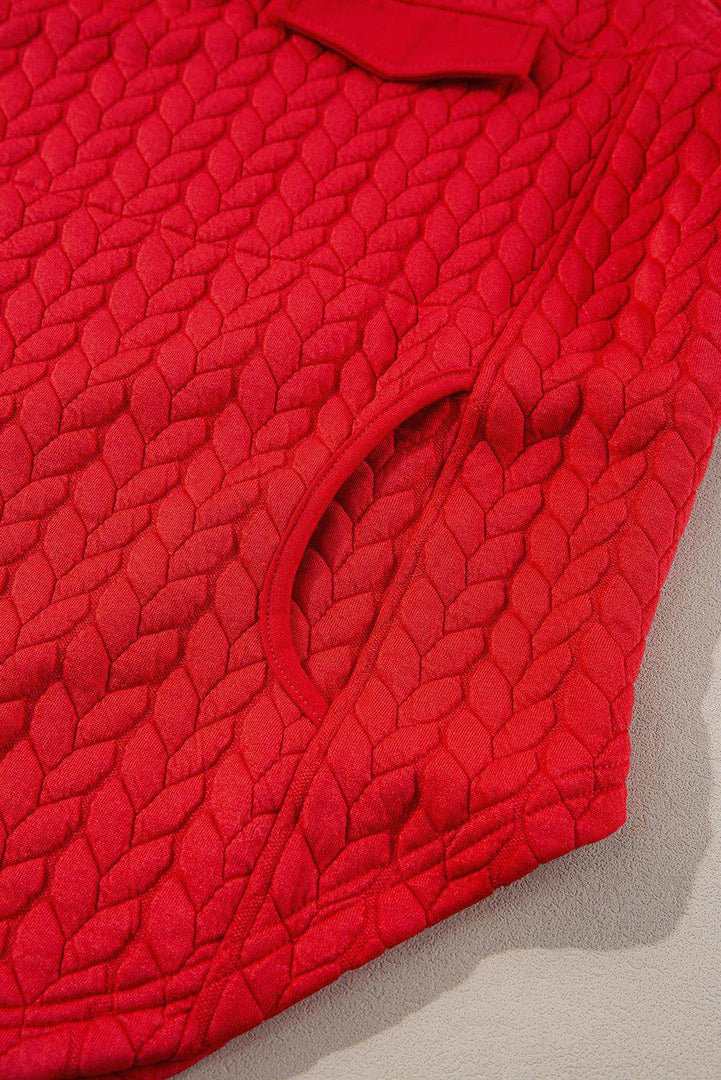Tomato Red Cable Textured Quarter Zip Pocketed Plus Size Pullover - Fashion Queen -  11