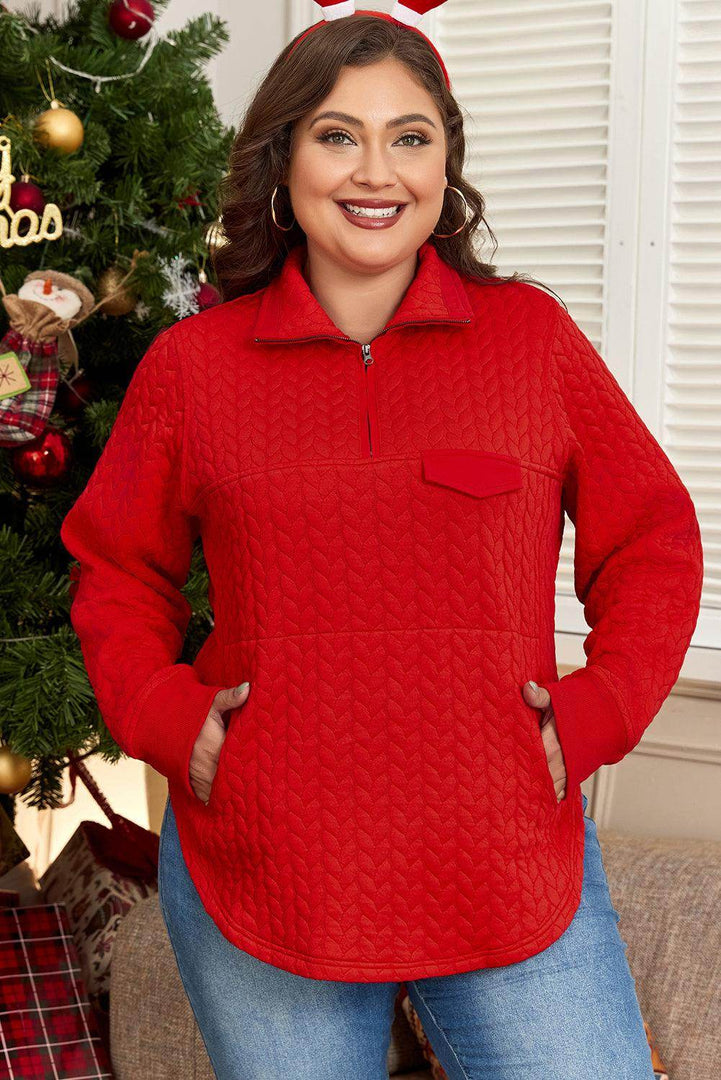Tomato Red Cable Textured Quarter Zip Pocketed Plus Size Pullover - Fashion Queen -  4