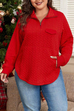 Load image into Gallery viewer, Tomato Red Cable Textured Quarter Zip Pocketed Plus Size Pullover - Fashion Queen -  5

