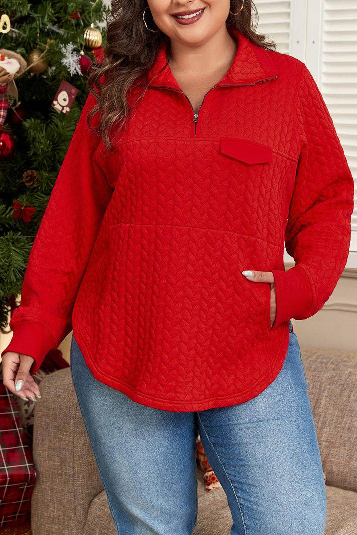 Tomato Red Cable Textured Quarter Zip Pocketed Plus Size Pullover - Fashion Queen -  5