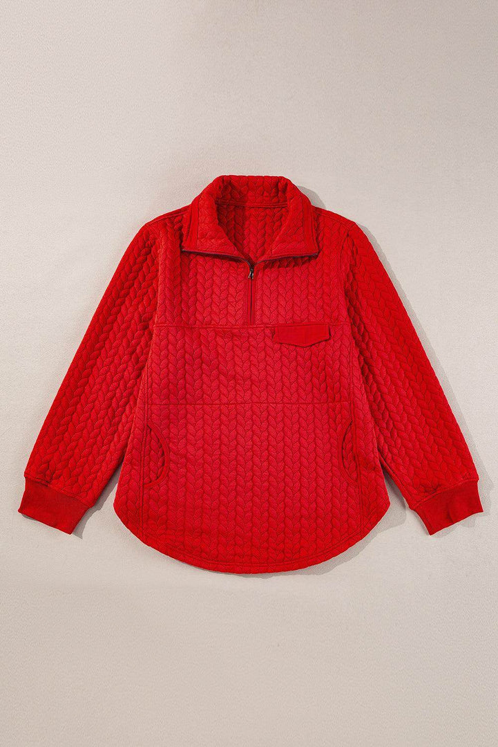 Tomato Red Cable Textured Quarter Zip Pocketed Plus Size Pullover - Fashion Queen -  6