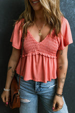 Load image into Gallery viewer, Tomato Red Shirred V Neck Short Flutter Sleeve Textured Blouse - Fashion Queen -  1
