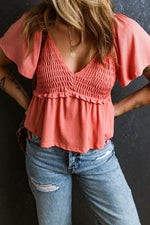 Load image into Gallery viewer, Tomato Red Shirred V Neck Short Flutter Sleeve Textured Blouse - Fashion Queen -  10
