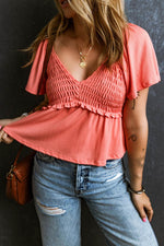 Load image into Gallery viewer, Tomato Red Shirred V Neck Short Flutter Sleeve Textured Blouse - Fashion Queen -  11
