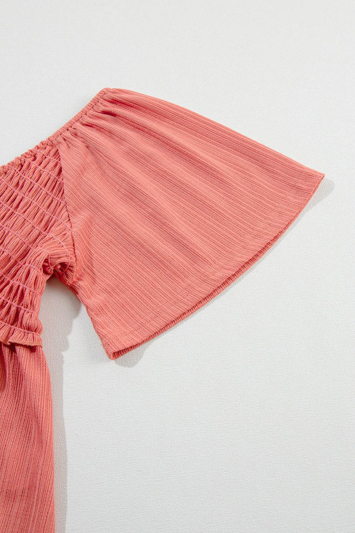 Tomato Red Shirred V Neck Short Flutter Sleeve Textured Blouse - Fashion Queen -  17
