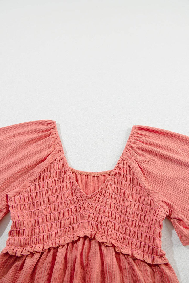 Tomato Red Shirred V Neck Short Flutter Sleeve Textured Blouse - Fashion Queen -  18