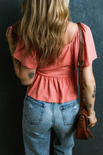 Load image into Gallery viewer, Tomato Red Shirred V Neck Short Flutter Sleeve Textured Blouse - Fashion Queen -  2
