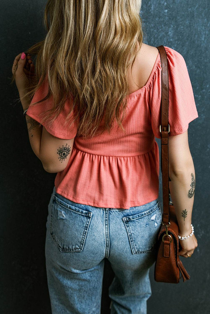 Tomato Red Shirred V Neck Short Flutter Sleeve Textured Blouse - Fashion Queen -  2