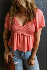 Load image into Gallery viewer, Tomato Red Shirred V Neck Short Flutter Sleeve Textured Blouse - Fashion Queen -  3
