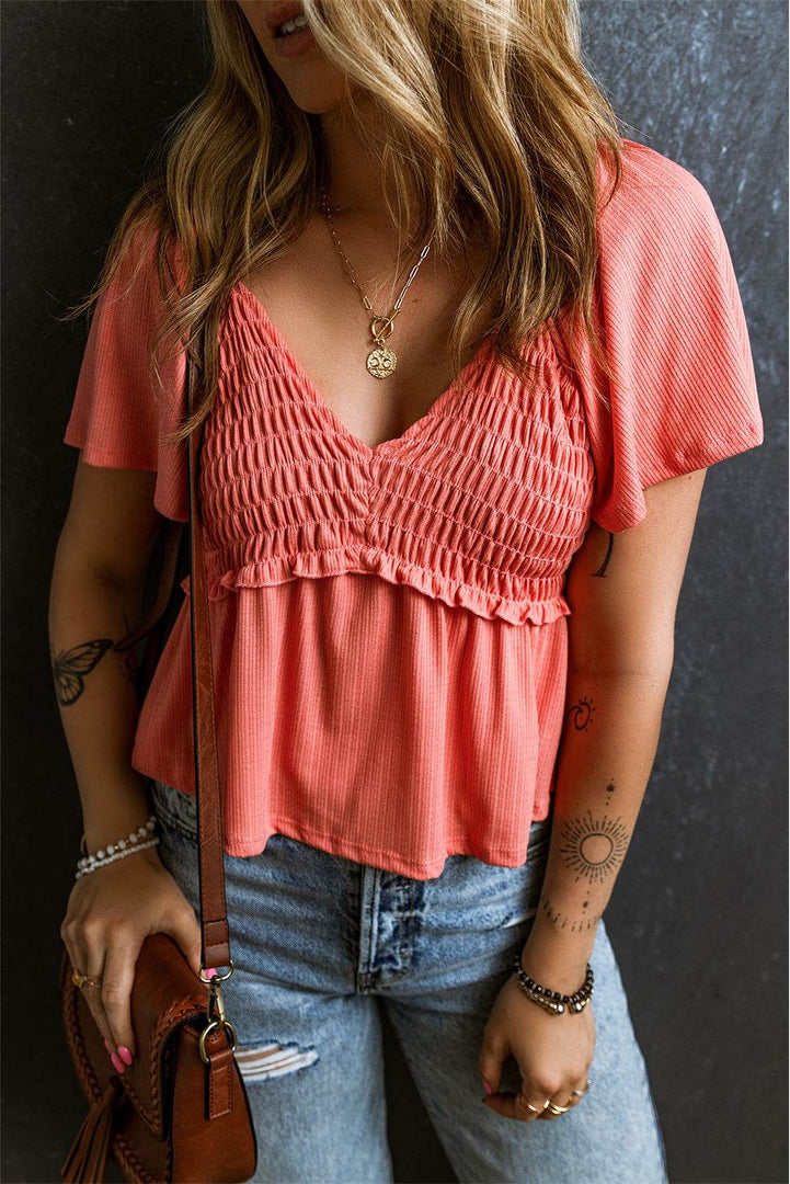 Tomato Red Shirred V Neck Short Flutter Sleeve Textured Blouse - Fashion Queen -  3