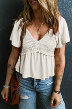 Load image into Gallery viewer, Tomato Red Shirred V Neck Short Flutter Sleeve Textured Blouse - Fashion Queen -  4

