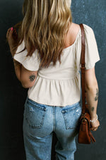 Load image into Gallery viewer, Tomato Red Shirred V Neck Short Flutter Sleeve Textured Blouse - Fashion Queen -  5
