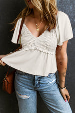 Load image into Gallery viewer, Tomato Red Shirred V Neck Short Flutter Sleeve Textured Blouse - Fashion Queen -  6
