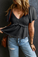 Load image into Gallery viewer, Tomato Red Shirred V Neck Short Flutter Sleeve Textured Blouse - Fashion Queen -  9
