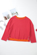 Load image into Gallery viewer, Tomato Red Two Tone Striped Side Buttons Drop Shoulder Top - Fashion Queen -  10
