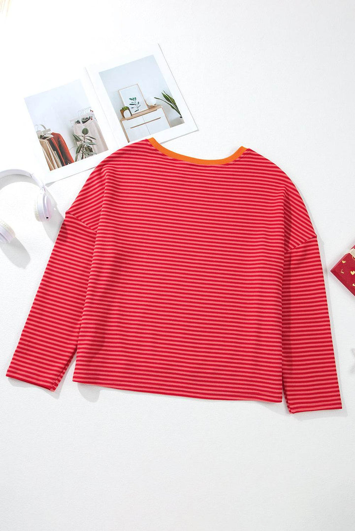 Tomato Red Two Tone Striped Side Buttons Drop Shoulder Top - Fashion Queen -  11
