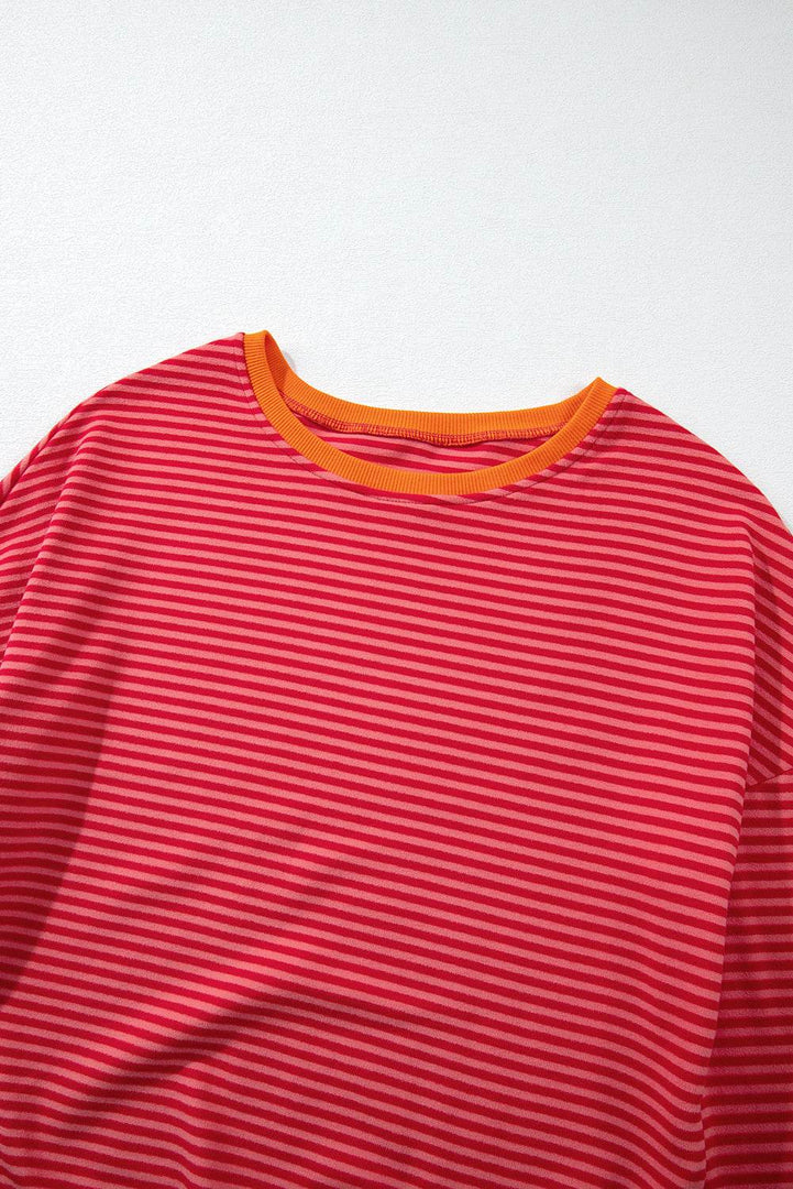 Tomato Red Two Tone Striped Side Buttons Drop Shoulder Top - Fashion Queen -  14