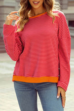 Load image into Gallery viewer, Tomato Red Two Tone Striped Side Buttons Drop Shoulder Top - Fashion Queen -  6
