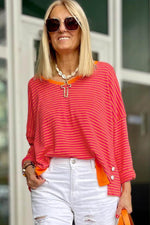 Load image into Gallery viewer, Tomato Red Two Tone Striped Side Buttons Drop Shoulder Top - Fashion Queen -  8
