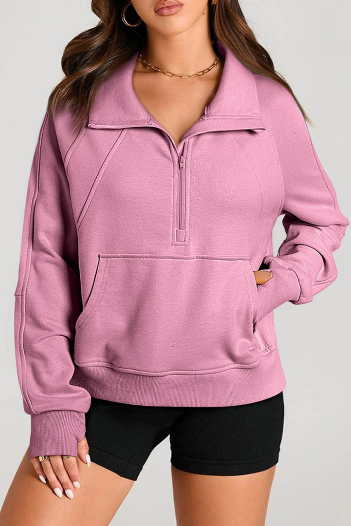 Valerian Quarter Zip Stand Neck Kangaroo Pocket Sweatshirt - Fashion Queen -  1