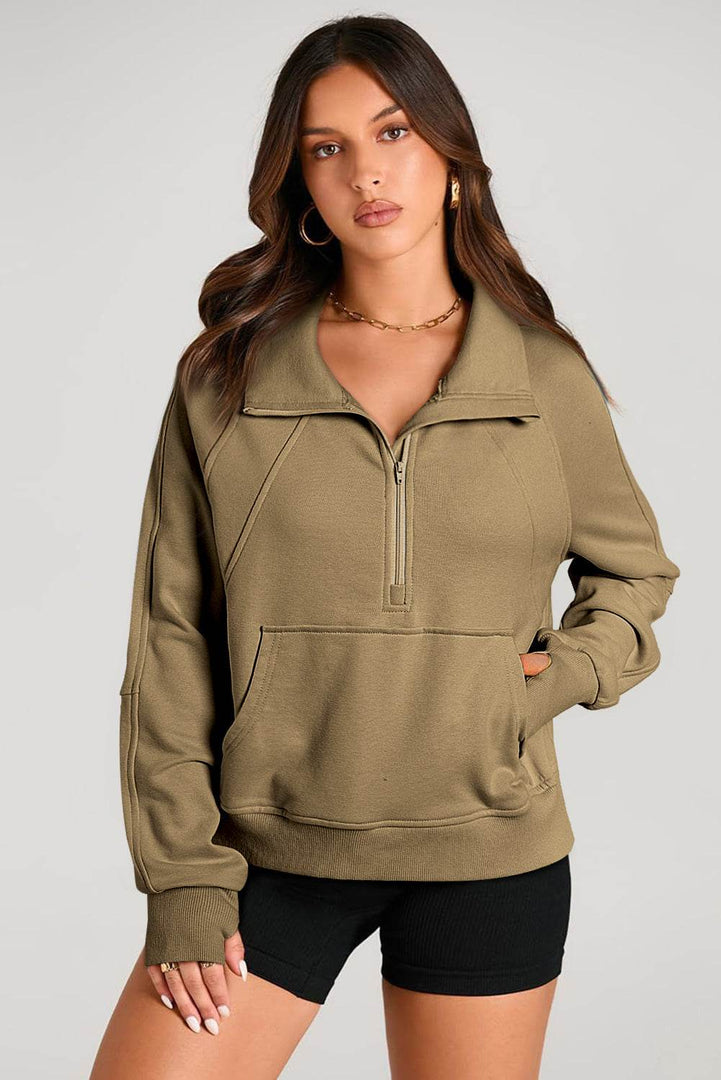 Valerian Quarter Zip Stand Neck Kangaroo Pocket Sweatshirt - Fashion Queen -  12