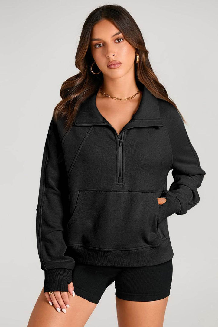 Valerian Quarter Zip Stand Neck Kangaroo Pocket Sweatshirt - Fashion Queen -  15