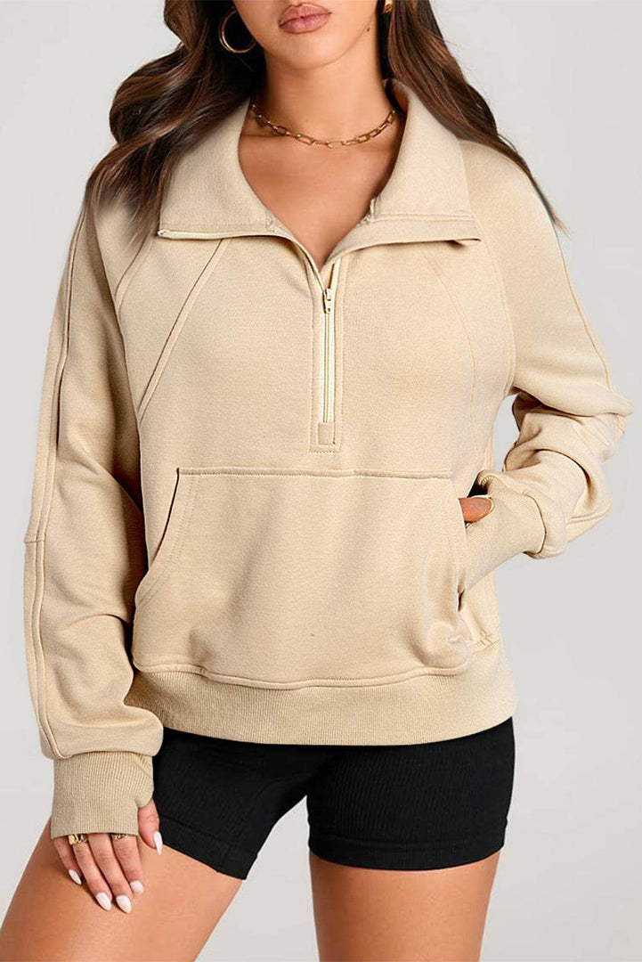 Valerian Quarter Zip Stand Neck Kangaroo Pocket Sweatshirt - Fashion Queen -  21